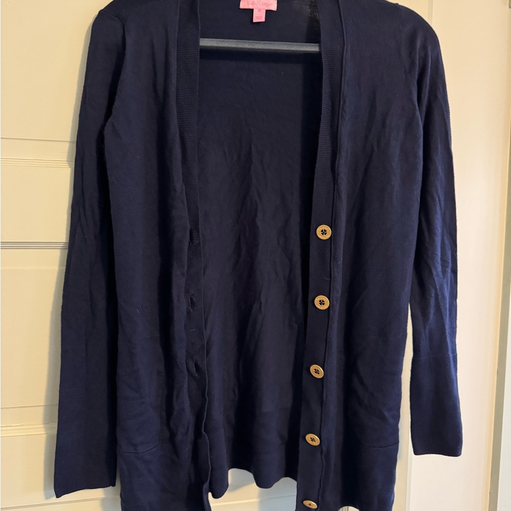 Lilly Pulitzer Navy Blue Cardigan with Pockets and Gold Buttons